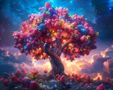 Dessert tree in fantasy land colorful candy fruits wide angle magical glow