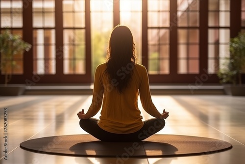 Woman practicing yoga meditation in lotus position  back view  mindfulness and relaxation concept