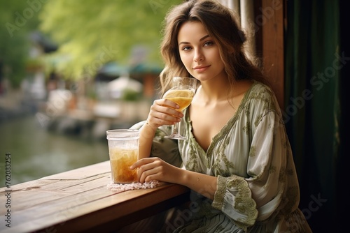 Elegant woman enjoying a refreshing beverage on a picturesque balcony. Fictional character created by Generated AI. 