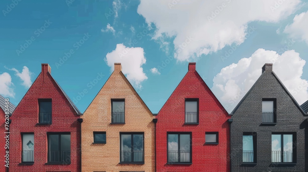 In a line, brick houses of varied red hues stand side by side, set against a vivid blue sky, seen from a flat angle. Uniform in structure, they form an orderly row.