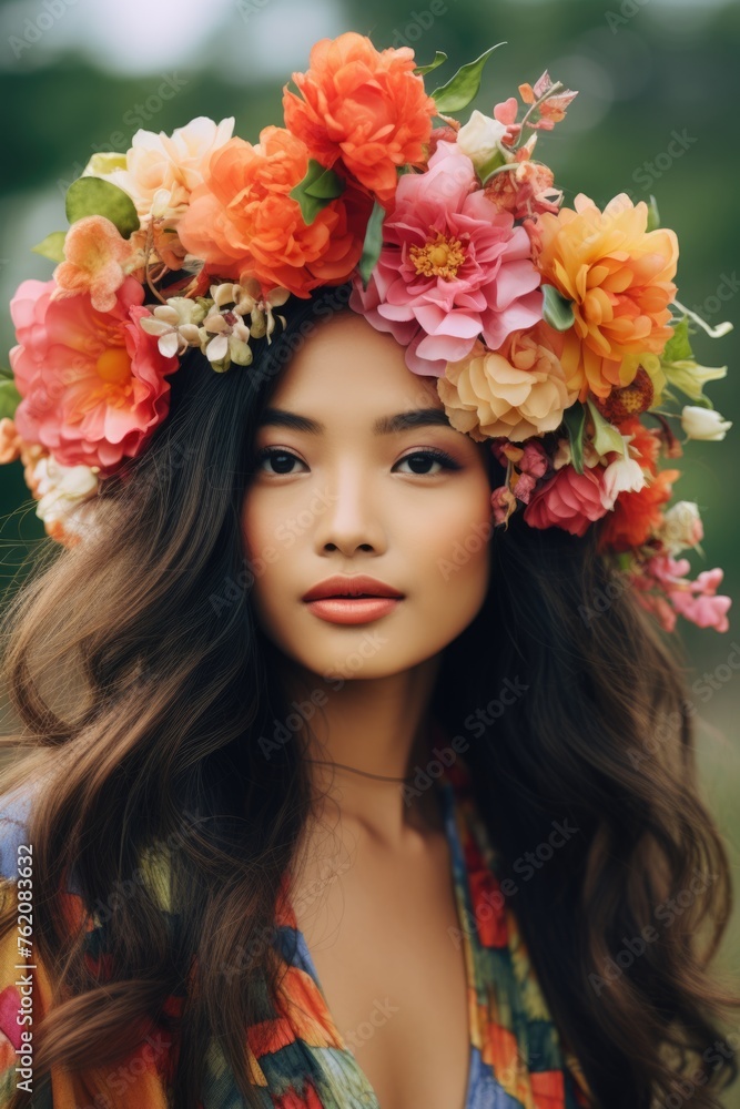 Enchanting Beauty with a Floral Crown. Fictional character created by Generated AI. 