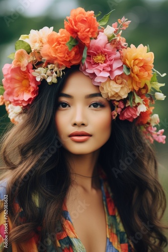 Enchanting Beauty with a Floral Crown. Fictional character created by Generated AI. 