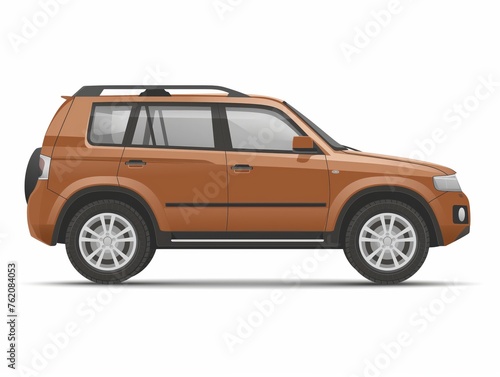 An illustrated side profile of a contemporary orange sports utility vehicle on a white background. © cherezoff