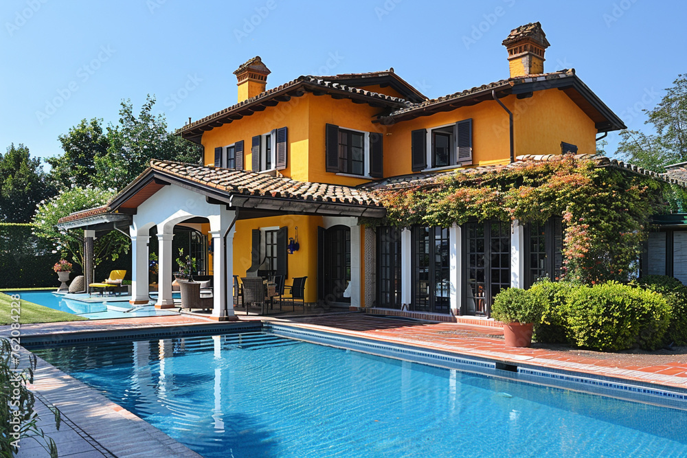 a yellow and white stucco house with a tiled roof and a swimming pool