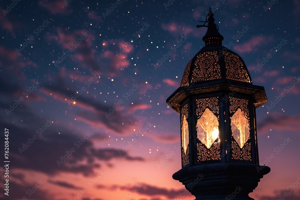 Eid Mubarak Banner with Illuminated Arabic Lamp on Warm Sky Background. Eid Mubarak Banner with Illuminated Arabic Lamp on Warm Sky Background.