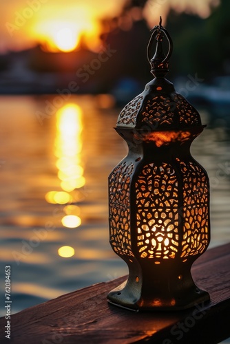 Eid Mubarak Template with Beautiful Sunset or Sunrise over Lake and Arabic Illuminated Lamp on Table.
