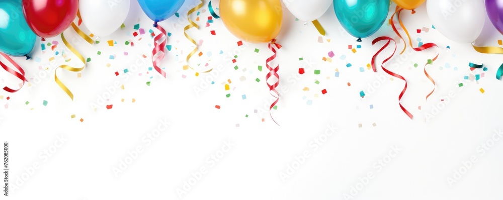 Festive balloons with ribbons and scattered confetti over white, representing celebration or party