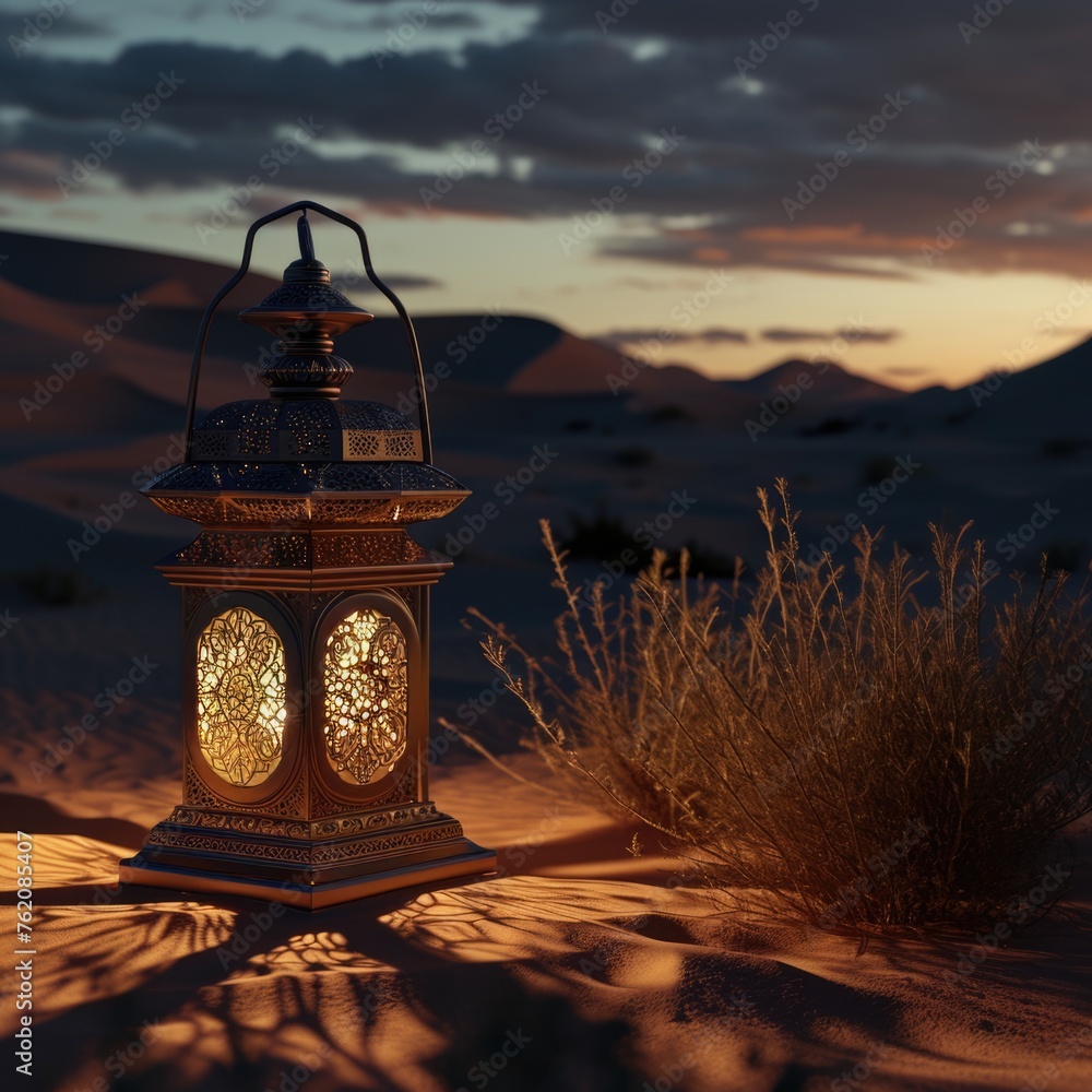 Naklejka premium Eid Mubarak Post with Illuminated Arabic Lantern on Sand Dune During Sunset or Sunrise.