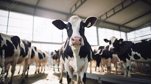 portrait of holstein cow on modern farm photo