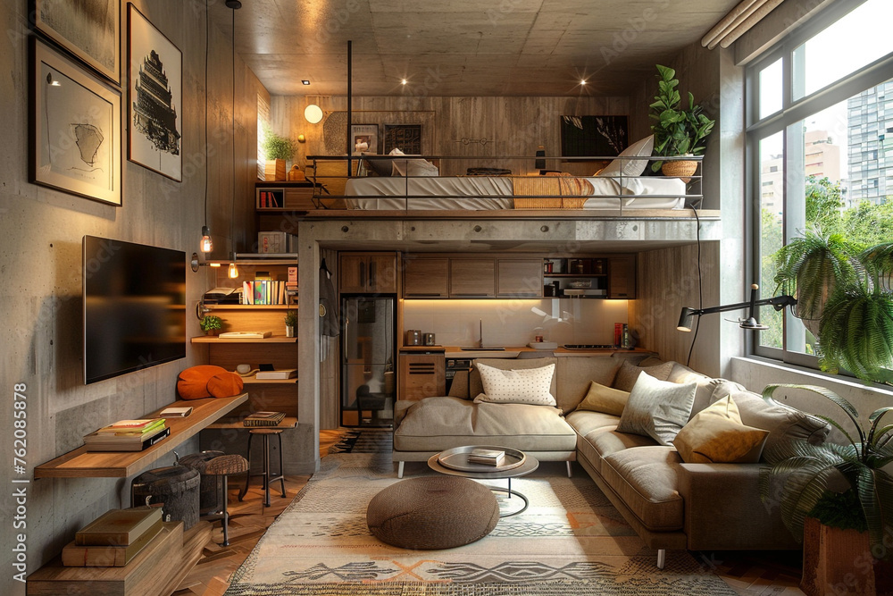 A chic studio apartment with a loft bed, a sofa, a coffee table, and a TV.