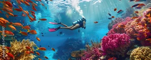diver surrounded by tropical fish in a colorful and healthy underwater coral ecosystem photo
