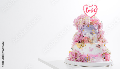 pink cake with cream on white,Food and flower 