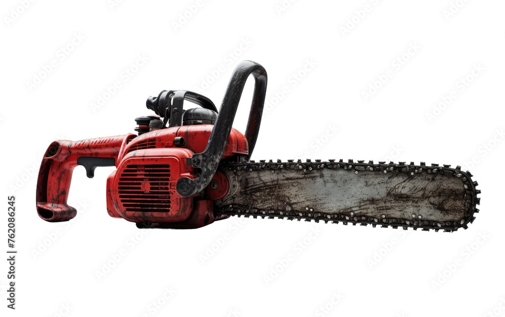 Red Chainsaw Against White Background. On a White or Clear Surface PNG Transparent Background.