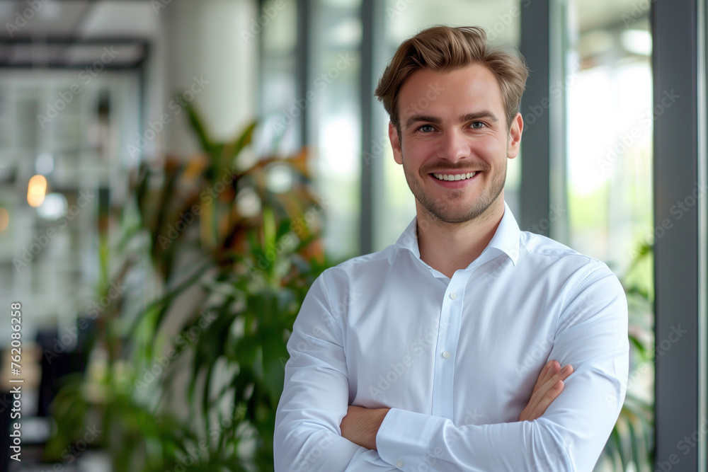 a smiling business man with his arms crossed on his shoulders., in the style of stylish, light-filled a smiling business man with his arms crossed on his shoulders., in the style of stylish, light-filled
