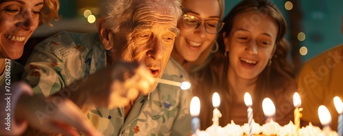 Celebration scene with a senior man making a wish before blowing out birthday candles on a cake at an intimate party © Alena