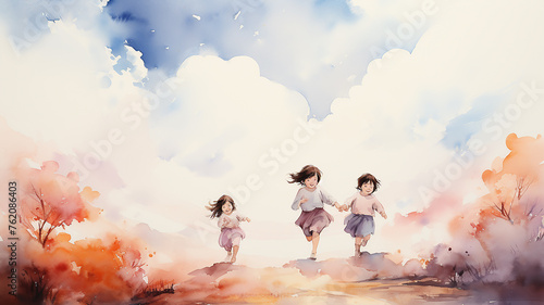 Cheerful children running along the road against the background of clouds  a kid s postcard in watercolor style