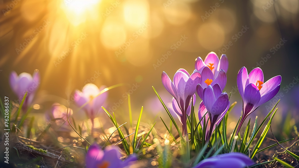 Spring flowers lavender crocuses among green grass in the sunlight Spring flowers lavender crocuses among green grass in the sunlight