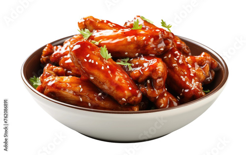 Bowl Filled With Chicken Wings Covered in Sauce. On a White or Clear Surface PNG Transparent Background.