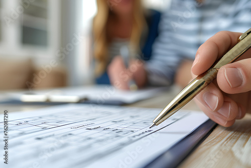 Close-up of a professional's hand pointing at a home buying checklist with another person in background.