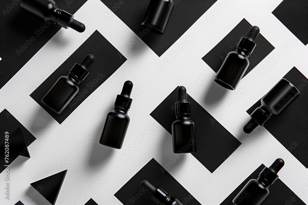 minimalist face serum bottles on geometric shapes on a stark, high-contrast background, 2024 trend of simplicity and efficiency minimalist face serum bottles on geometric shapes on a stark, high-contrast background, 2024 trend of simplicity and efficiency