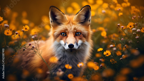 Close-up of a red fox in a meadow covered with orange wildflowers. It is the largest of the real foxes and one of the most common representatives of the Carnivore family. 