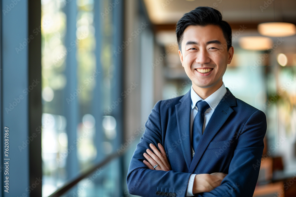 asian man in business suit smiling and ready to promote, modern day workplace, office photo, in the style of innovating techniques asian man in business suit smiling and ready to promote, modern day workplace, office photo, in the style of innovating techniques