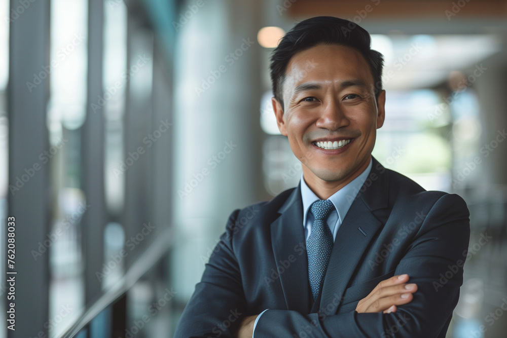 asian man in business suit smiling and ready to promote, modern day workplace, office photo, in the style of innovating techniques asian man in business suit smiling and ready to promote, modern day workplace, office photo, in the style of innovating techniques