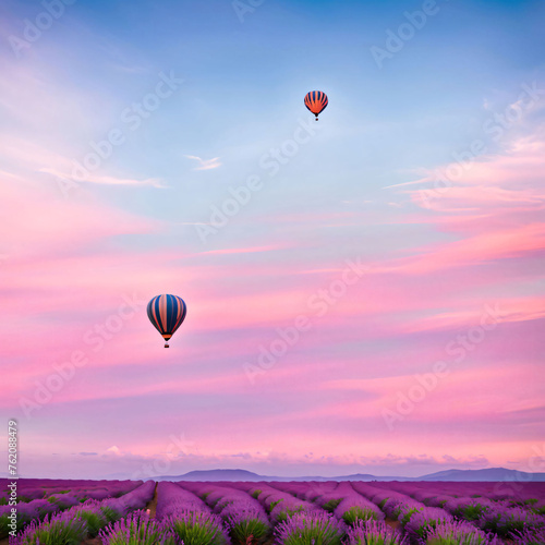 a whimsical hot air balloon floating gently through a pastel pink and blue sky above lavender fields
