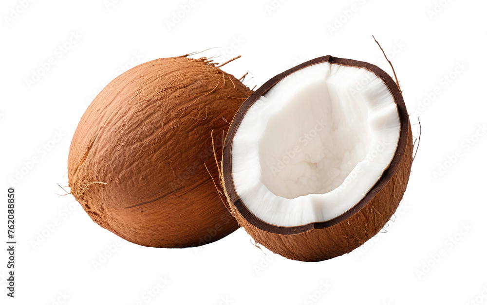 Whole and Half Coconut on White Background. On a White or Clear Surface PNG Transparent Background.