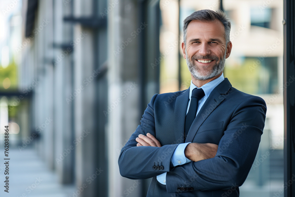 businessman in a suit standing and smiling with his arms folded, in the style of light-filled, collaborative, ferrania p30, strong facial expression, human-canvas integration, portraitures, portrait businessman in a suit standing and smiling with his arms folded, in the style of light-filled, collaborative, ferrania p30, strong facial expression, human-canvas integration, portraitures, portrait