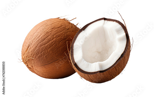 Whole and Half Coconut on White Background. On a White or Clear Surface PNG Transparent Background.
