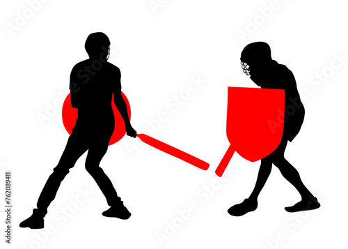 Men in sport fight with swords on white background