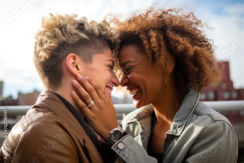 Photograph capturing the moment of a lesbian couple's proposal, with one partner presenting an engagement ring to the other partner, their expressions filled with joy and love. © Hanna Haradzetska