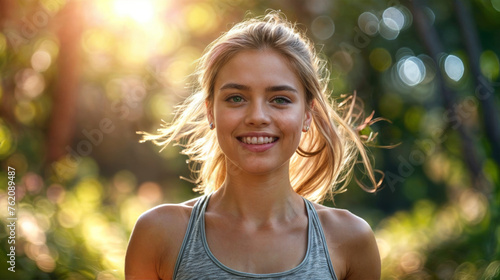 Portrait of a smiling young woman in sportswear looking at camera in the park