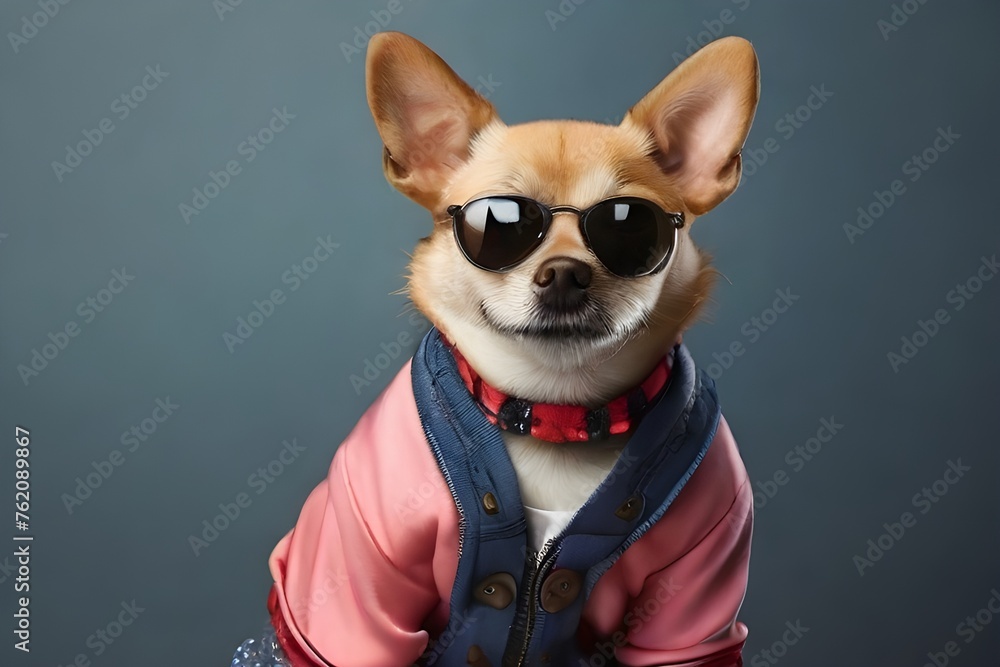 Funny dog with fashionable clothes portrait on background. Generative AI