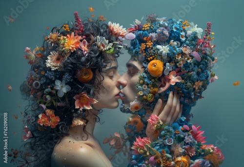 Portrait of a young couple kissing with hair made of colorful flowers. Springtime romance background