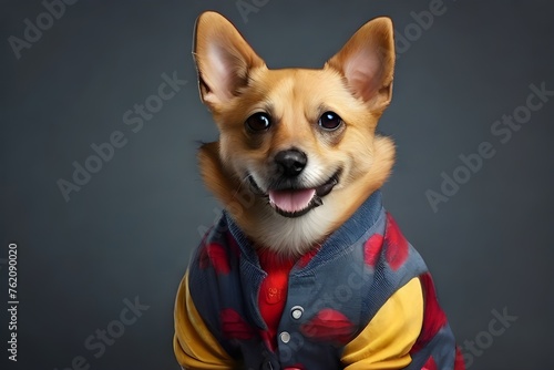 Funny dog with fashionable clothes portrait on background. Generative AI © Mirza