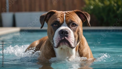 White and brown american bulldog in the swimming pool