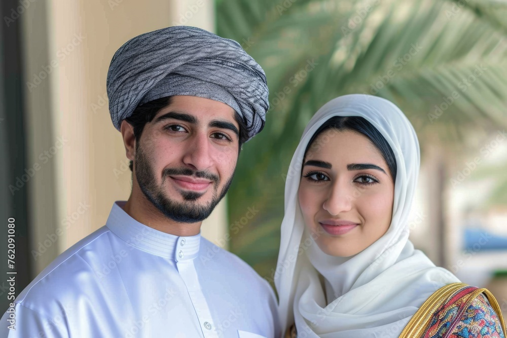 A young couple posing for a picture wearing traditional Middle Eastern clothing.. Fictional character created by Generated AI. A young couple posing for a picture wearing traditional Middle Eastern clothing.. Fictional character created by Generated AI.