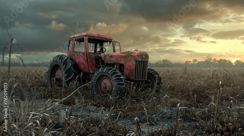 An abandoned  rusty tractor lies forgotten in an overgrown field  its once vibrant days of use now long past.