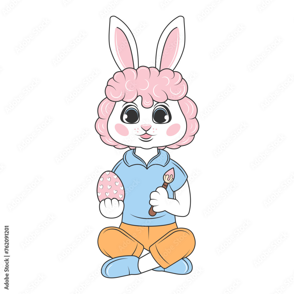 Cute bunny boy sits and paints an egg with dyes. Vector illustration isolated on transparent background. Easter celebration. Cute bunny boy sits and paints an egg with dyes. Vector illustration isolated on transparent background. Easter celebration.