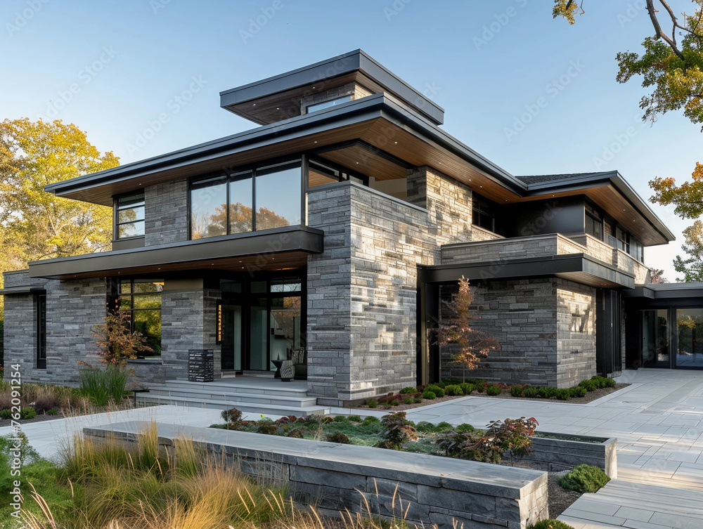 Modern gray stone home with a flat roof 