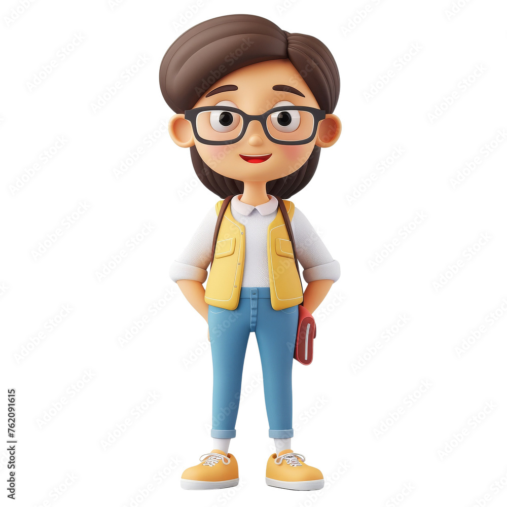 Cartoon Female Character with Glasses and Casual Clothing on a transparent Background