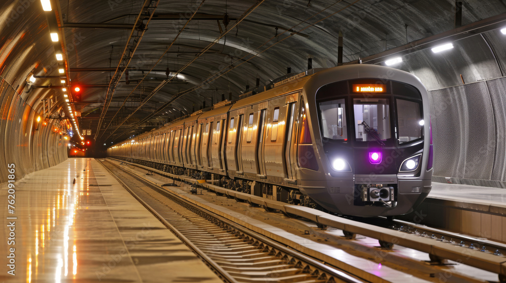 Obraz premium At the empty metro station, a chrome train stands alone on the platform, its shiny exterior gleaming under the fluorescent lights, contrasting against the deserted surroundings.