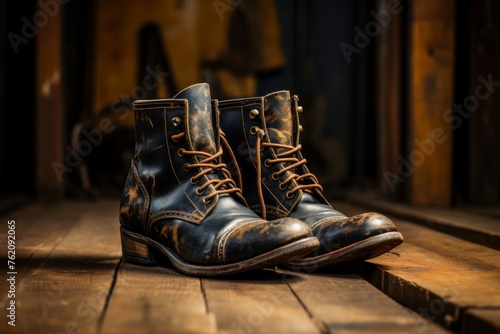 Photo capturing a pair of vintage-inspired lace-up boots, set against a rustic wooden background, blending nostalgia with modern style