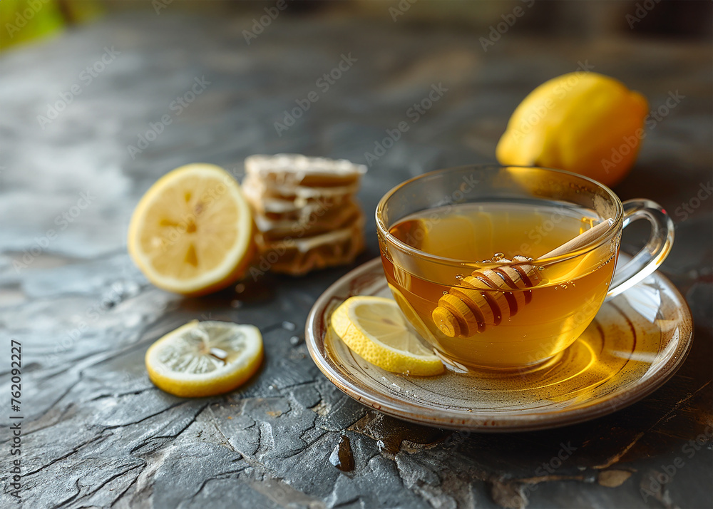 Glass cup, lemon tea, honey drizzle Glass cup, lemon tea, honey drizzle