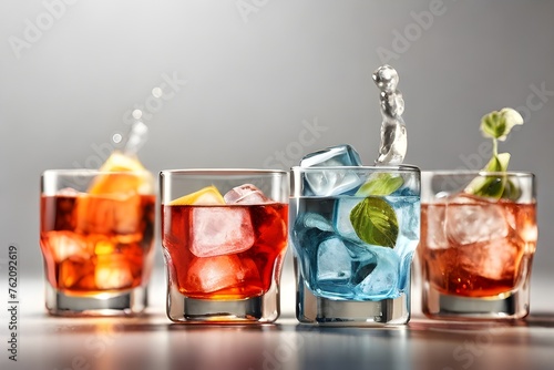 Ice cubes and different soda drinks on white background Generative AI photo