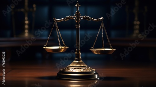 Scales of justice on a wooden table on a dark background