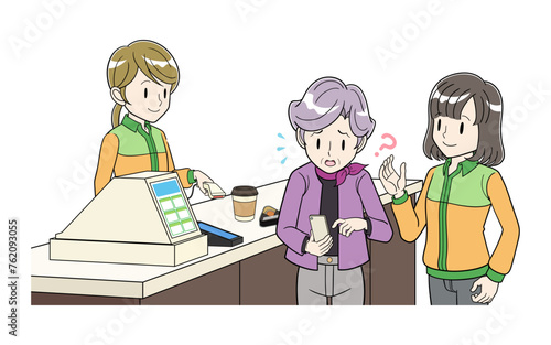 レジでスマホ決済にまごつくシニア女性に声かけする女性店員
