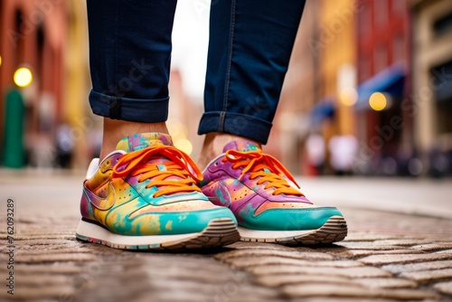 Photo of colorful tie-dye sneakers worn by a person walking on a vibrant city street  embodying urban street style and creativity.